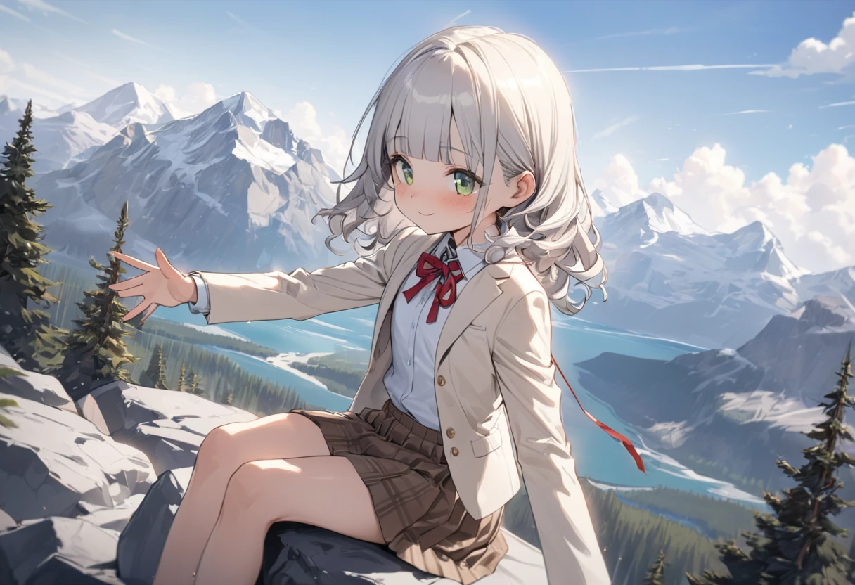 ((Masterpiece)), ((best quality)), (Anime:1.3), (super detail:1.2), (High Definition:1.3), (Professional Photography:1.3), (wide shot), (sharp focus), (perfect light), ((12 years old)), (Healthy slim body), 8K, Textured skin, cinematic lighting, (1girl), short stature, ((cute teenage young girl)), (loose blunt bangs), slightly loose curls hair, (breasts length hair), pale silver hair, (innocent smile), (cute green eyes), drooping eyes, slender waist, ((pale Ivory blazer of school uniform)), (white blouse), put on red string ribbon, (brown skirt), BREAK, ((best quality)), (super detail:1.2), sunnyday, Beautiful Cliffs over 100 meters above sea level, reaching hand, (Relaxed sitting on the edge of great rock), ((Canadian Rockies)), summerday, Beautiful Mountains Background,