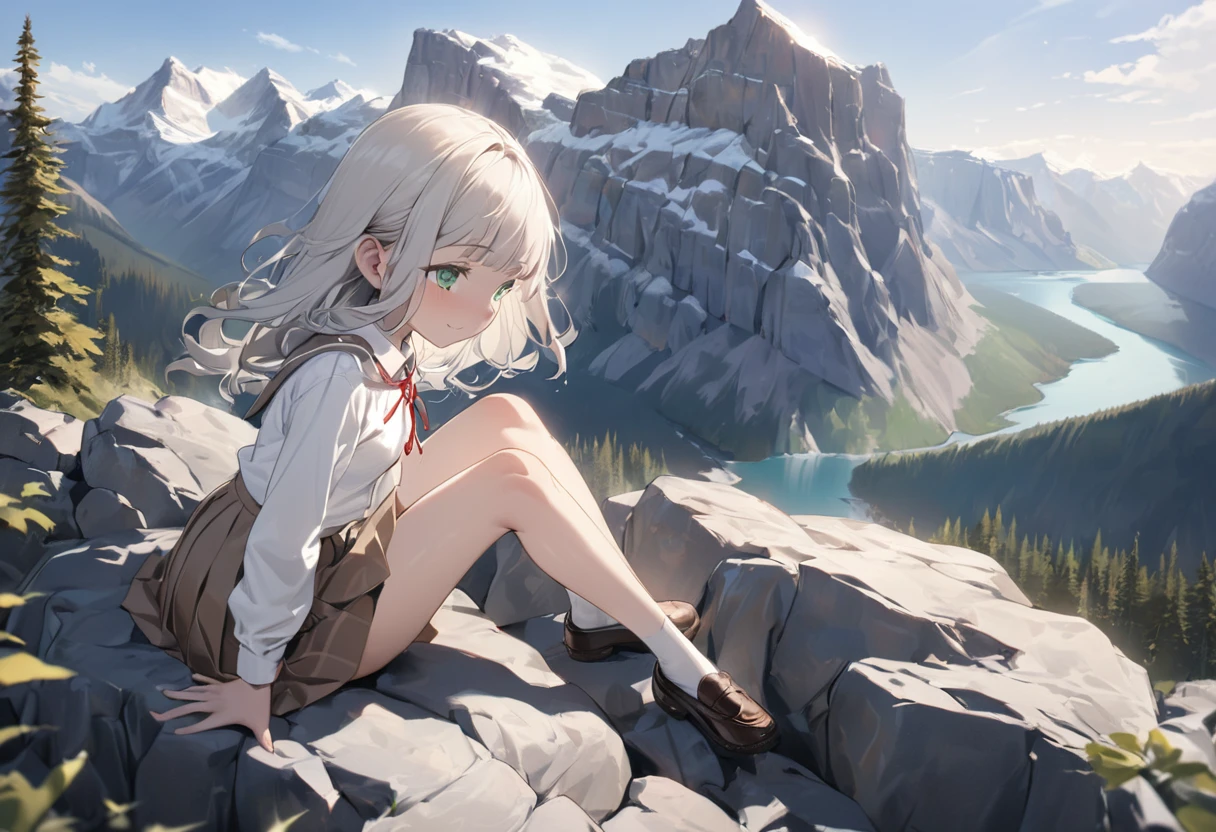 ((Masterpiece)), ((best quality)), (Anime:1.3), (super detail:1.2), (High Definition:1.3), (Professional Photography:1.3), (wide shot), (sharp focus), (perfect light), ((12 years old)), (Healthy slim body), 8K, Textured skin, cinematic lighting, (1girl), short stature, ((cute teenage young girl)), (loose blunt bangs), slightly loose curls hair, (breasts length hair), pale silver hair, (innocent smile), (cute green eyes), drooping eyes, slender waist, ((pale Ivory blazer of school uniform)), (white blouse), put on red string ribbon, (brown skirt), BREAK, ((best quality)), (super detail:1.2), sunnyday, Beautiful Cliffs over 100 meters above sea level, reaching hand, (Relaxed sitting on the edge of great rock), ((Canadian Rockies)), summerday, Beautiful Mountains Background,