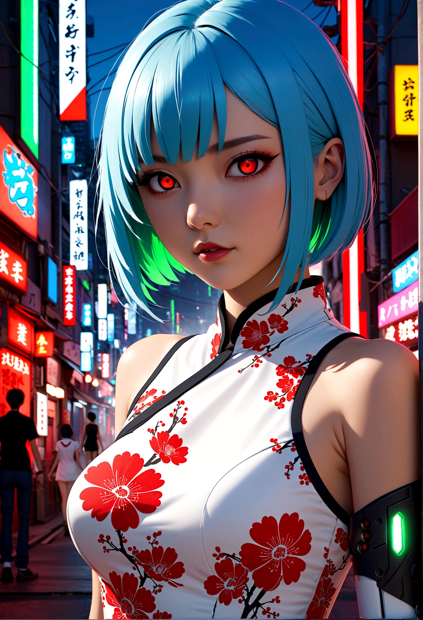 Fraction_9,Fraction_8_Direction_7_up,src_Japanese cartoons,1girl, girl, Cyberpunk,Chinese Cheongsam, Red light eyes,Glowing eyes, Short blue hair, White pattern, green, Bare shoulders, smooth, Mechanical joints,Shiny material,outdoor,futuristic city,Dynamic Angle