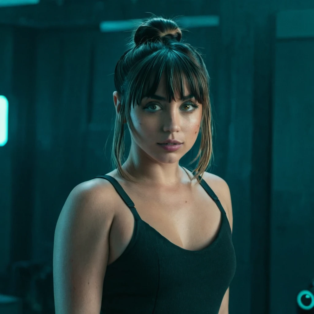 Super high resolution portrait photo of Ana de Armas with bangs and bun, standing in a room, cyberpunk, undressed, F/2.8, canon, 85mm, cinematic, high quality, looking at the camera