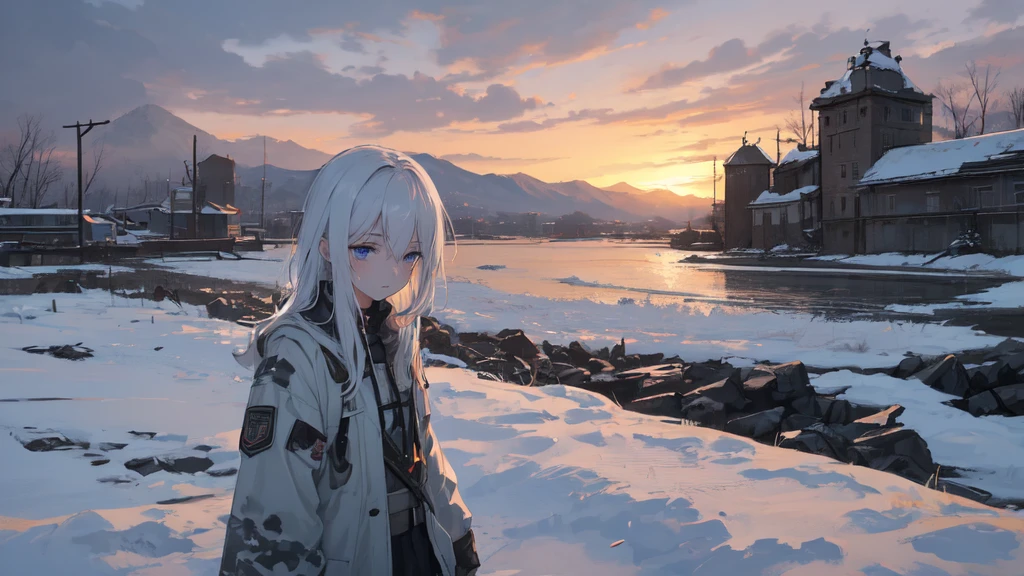 masterpiece:1.2), best quality , 独奏 ,pixiv, anime girl ,long straight white hair , black eyes ,Wearing off-white camouflage uniform ,,military fortress,(Eyes looking into the distance:1.3),(look away:1.5),snowy weatdirty face,The background is a city in flames with blood on the forehead,dirty face,Backlight,Bare rocky peaks ,,The expression is sad