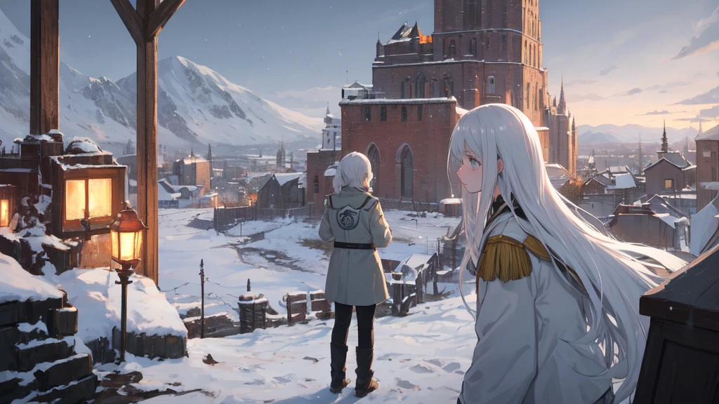 masterpiece:1.2), best quality , 独奏 ,pixiv, anime girl ，long straight white hair , black eyes ,Wearing off-white camouflage uniform ,ten years old，military fortress，(Eyes looking into the distance:1.3)，(look away:1.5)，snowy weather，dirty face，The background is a city in flames with blood on the forehead，dirty face，Backlight，Bare rocky peaks ,，The expression is sad