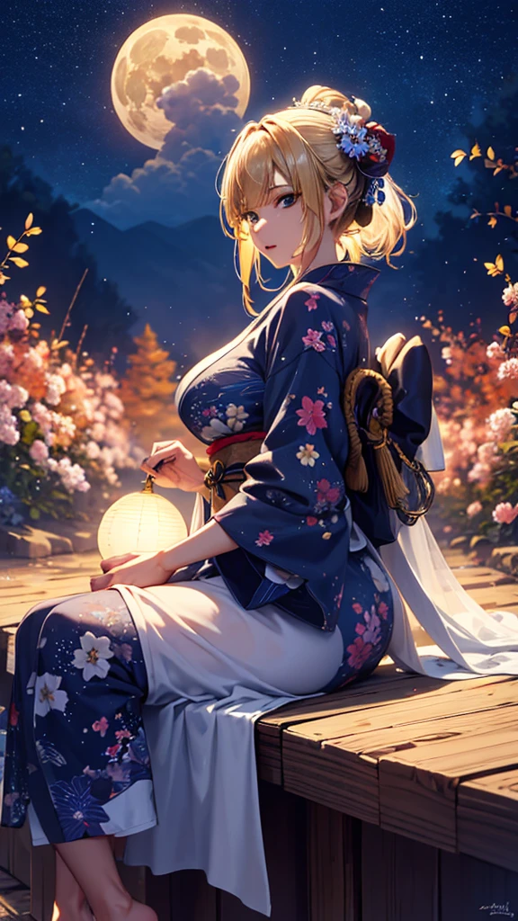 masterpiece, high quality, 4K, Beautiful design, silhouette,blonde, 非常に詳細な夜のStarry Sky,Flower Field, wonderful, Finer details, Very knowledgeable woman, Highly detailed solo, 1 female,Big Breasts,Big Ass,Underwear Line,Yukata in white color,Night view,Starry Sky,full moon,Sitting posture,