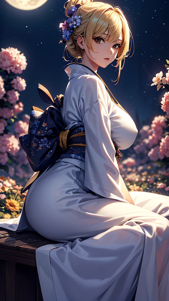 masterpiece, high quality, 4K, Beautiful design, silhouette,blonde, 非常に詳細な夜のStarry Sky,Flower Field, wonderful, Finer details, Very knowledgeable woman, Highly detailed solo, 1 female,Big Breasts,Big Ass,Underwear Line,Yukata in white color,Night view,Starry Sky,full moon,Sitting posture,