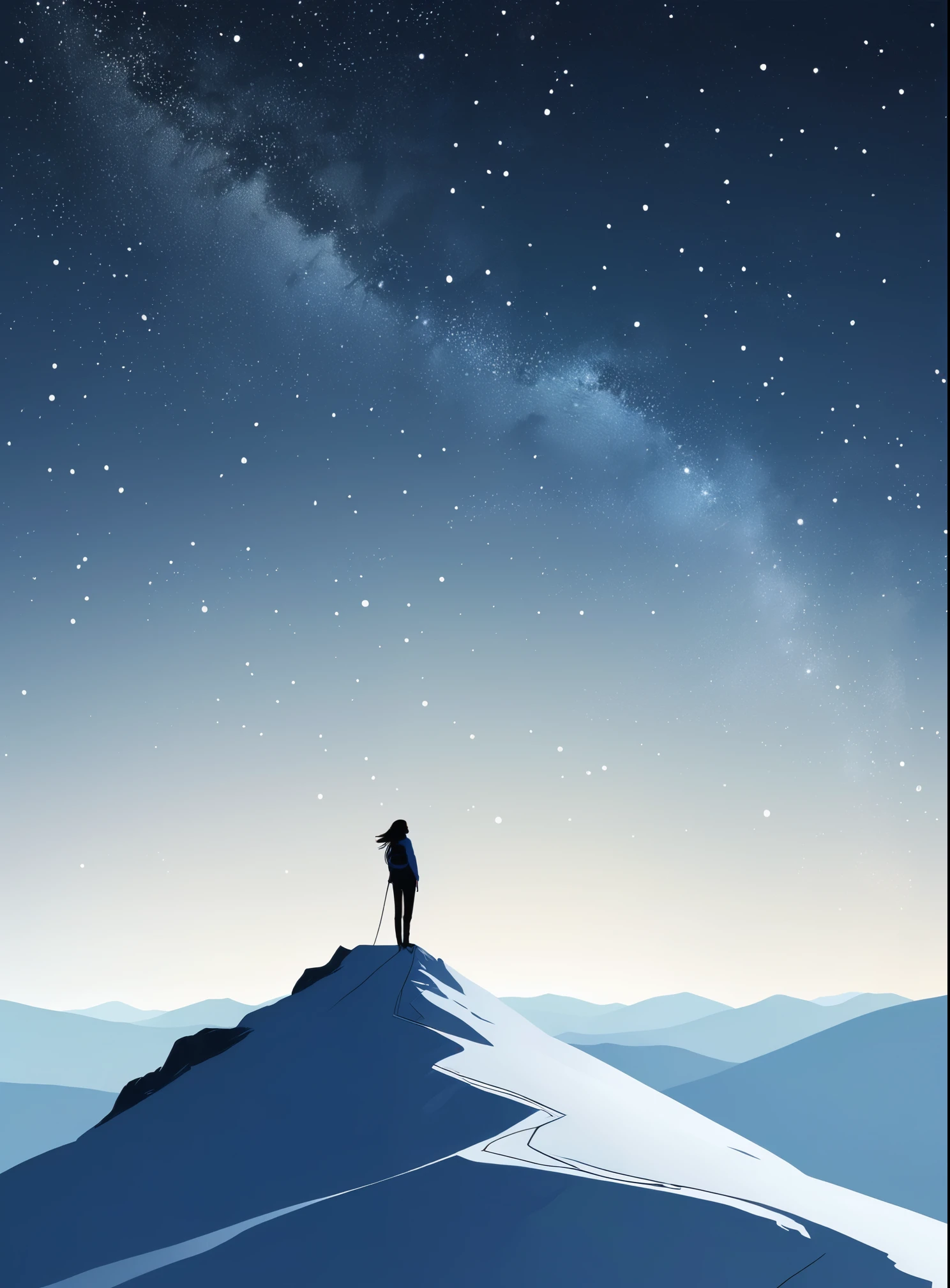 Minimalist Journey, Mountaineering, solitary, 1 girl looking up at the stars, Minimalism, On the Hill, illustration.