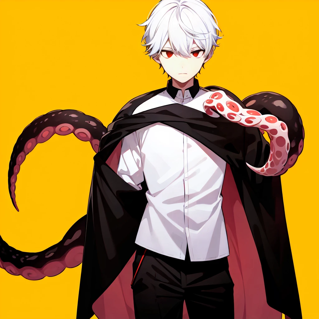 1boy, 1eye only, white hair, red eye, black sash shirt, white shirt, black sleeves, black pants, red tentacles in back, mechanical tentacle, looking on side