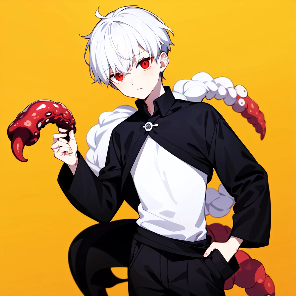 1boy, 1eye only, white hair, red eye, black sash shirt, white shirt, black sleeves, black pants, red tentacles in back, mechanical tentacle, looking on side