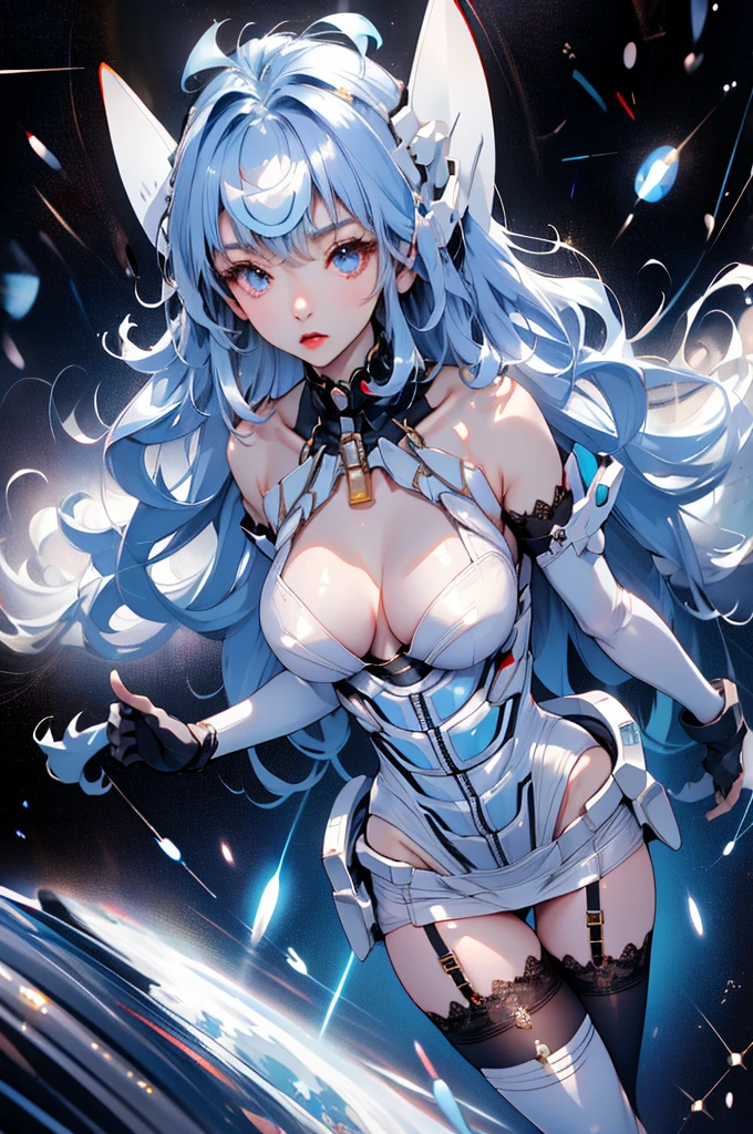 One Woman、whole body、(Spacewalk)、skinny、(Highest quality)tall、White garter stockings、Nipples、Light blue long-haired、Expressionless、White long gloves、Beauty