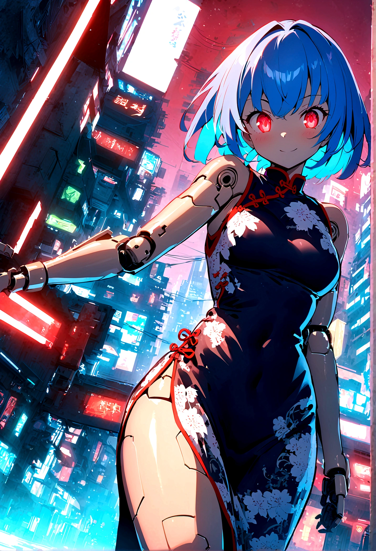 Fraction_9,Fraction_8_Direction_7_up,src_Japanese cartoons,1girl, girl, Cyberpunk,Chinese Cheongsam, Red light eyes,Glowing eyes, Short blue hair, White pattern, green, Bare shoulders, smooth, Mechanical joints,Shiny material,outdoor,futuristic city,Dynamic Angle