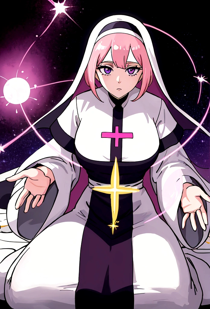 Create a best quality anime style art image of a white woman with long pastel pink hair. She has bangs and purple eyes. She is a nun (nun) dressed in royal clothes, full of golden details. She is praying with a serious expression on her face. The background must be illuminated by a holy light, with light particles floating in the air, to create a serene and spiritual environment.