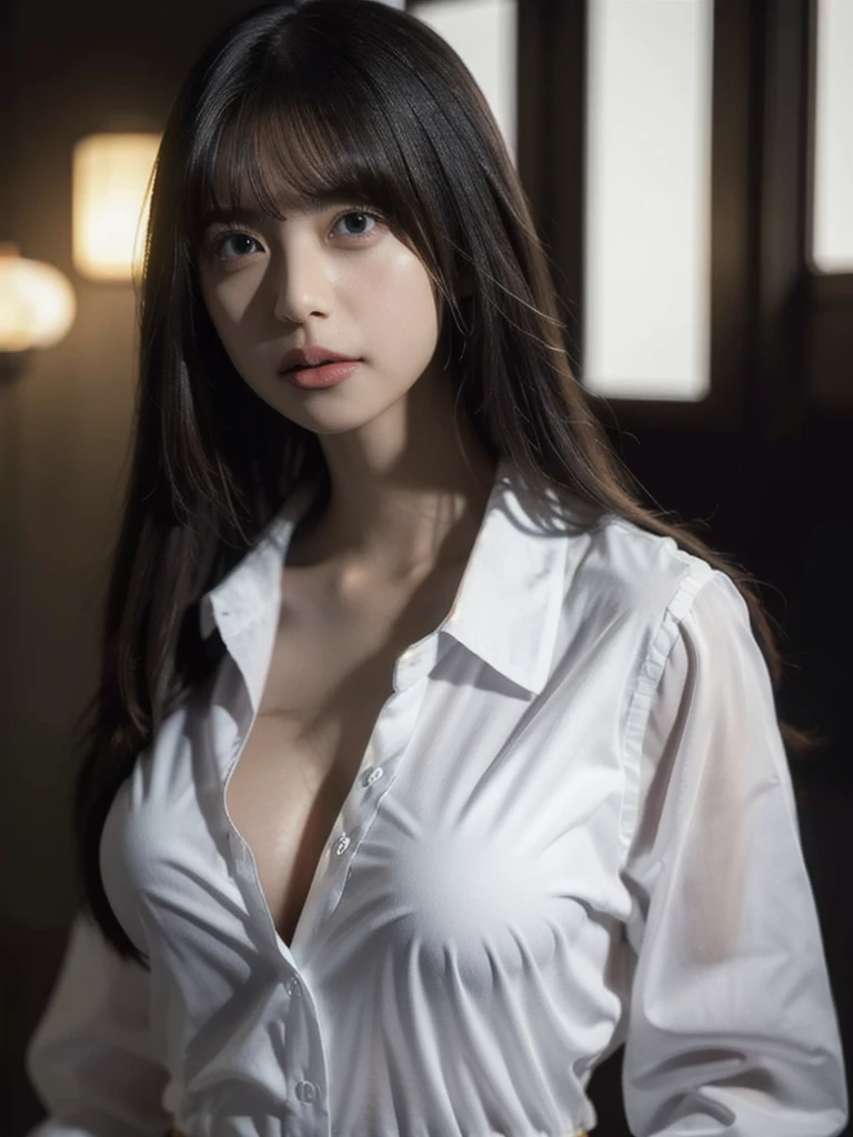 1girl, woman, masterpiece, best quality, highest quality, cinematic lighting, (volumetric lighting), extremely detailed CG unity 8k wallpaper, focused, 8k wallpaper, extremely detailed, ultra realistic, photorealistic, sharp focus, absurdres, (HDR:1.2), (high contrast), photograph, detailed and intricate, instagram, portrait, highly detailed, digital painting, artstation, concept art, smooth, sharp focus, illustration, cinematic lighting, (big breast:1.2), (whole body:1.2), white collar shirt, open shirt, open the button, tongue out, 