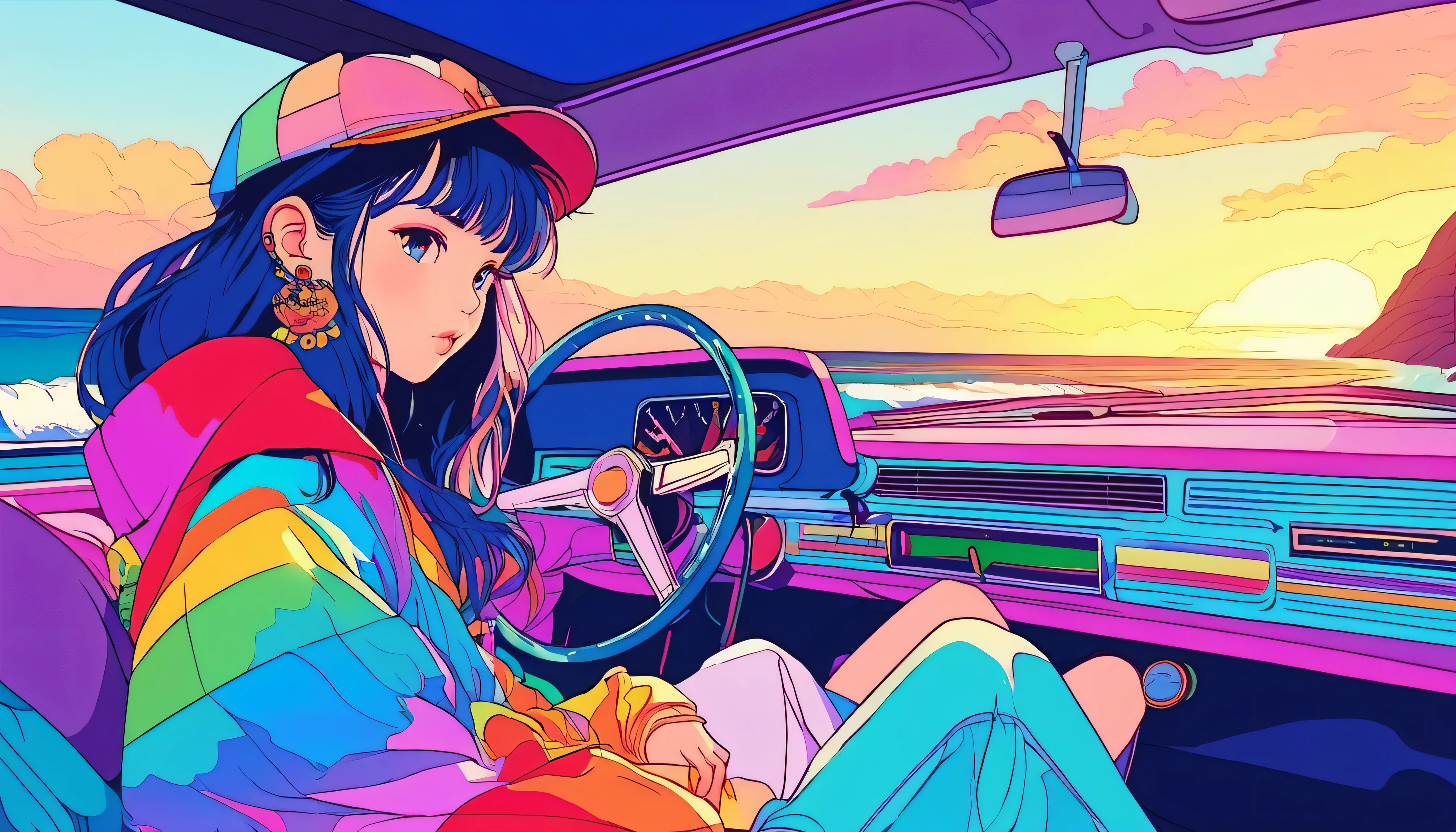 masterpiece, Highest quality, Rainbow Style, anime, Beautiful Asian Girl, K-Pop aesthetics and style, tattoo, tattoo - inspired, Sitting in a car, 80s American hippie style, Along the Hawaiian Coast, Cute and dreamy,anime,Illustrator,LOFI Girl,
