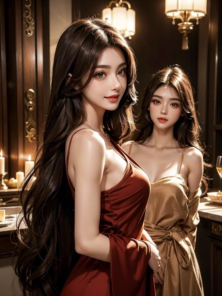 Beautiful woman、Narrow waist、Perfect figure、Beautiful eyes、Long eyelashes、Lustrous lips、Perfect body、Beautiful Skin、high resolution、A cinematic scene、Beautiful smile、Fashion Model、Long chestnut hair、Attractive clothing、Beautiful ornaments