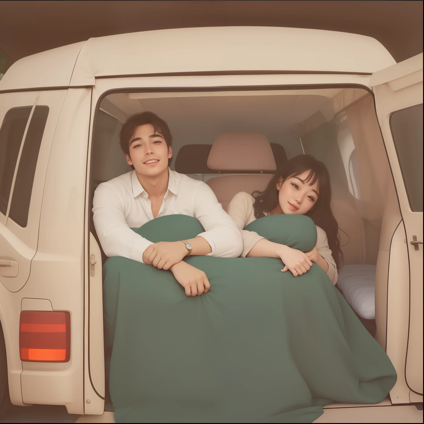 (best quality), big head, 1 beauty girl and 1 handsome men , Romantic camping couple in the car, Enjoying time together, The girlfriend is asleep, They are happy, relationship goals, Looks comfortable, Fun, Fresh, And refreshed, Happy,uhd
