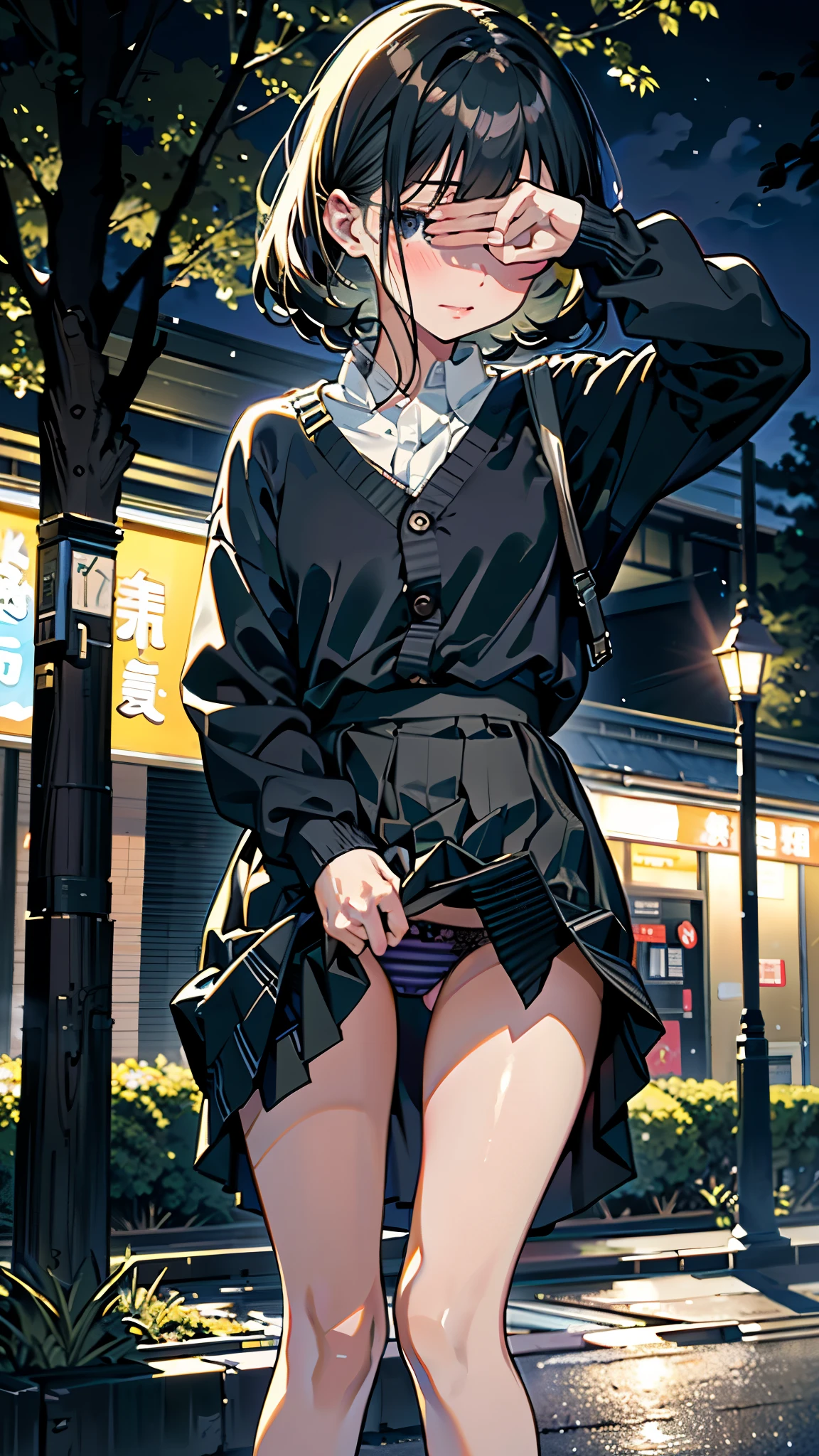 (8K, RAW Photos, 最high quality, masterpiece:1.2), high qualityのRAWカラー写真, Professional photo shoot, Cinematic Light, night、Late night、alone, (((young woman, Gal))), (Sharp features), (Small face), (Skin with attention to detail:1.2), clavicle, Cute face, Beautiful appearance, Long eyelashes,Girl Turning Around,, (Black Hair, Long straight line), high school student, cardigan, High School Uniform、, White shirt, mini skirt, night Park, Birds chirping, Embarrassing, sad, Artistic painting,Attractive thighs, loafers:1.2, (Very fine touch:1.2), (Watery eye), sad雰囲気, Oil painting style, Dark colors, (Are standing:1.5, lean on a tree, Full body portrait), Smooth texture, Gazing Eyes, Beautiful Skin, Shiny skin, ((Perfect Fingers, Five Fingers, Anatomically correct)), Background Blur, high quality, Surreal, ((Very detailed, photo shoot)),(Cover your face with your right hand、Left hand grabs skirt),,(((Skirt flip、Sexy panties)))、blush、Embarrassing、They hesitate、Look down、avert your eyes、Full Body Shot、((Hide your face))、Embarrassed、Thick legs、、glamorous、Skirt Lift、Have a skirt