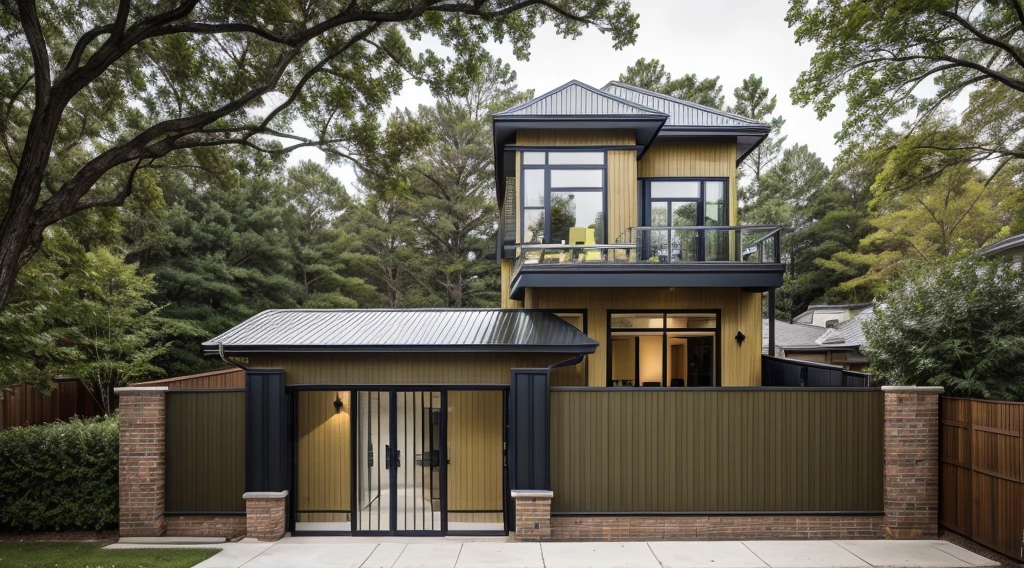 house exterior industry style, dark yellow and green color scheme, like an oldtime industry factory,raw materials, exposed structural elements, and simple, clean lines,rough-hewn steel, polished concrete, glass, and exposured brick,