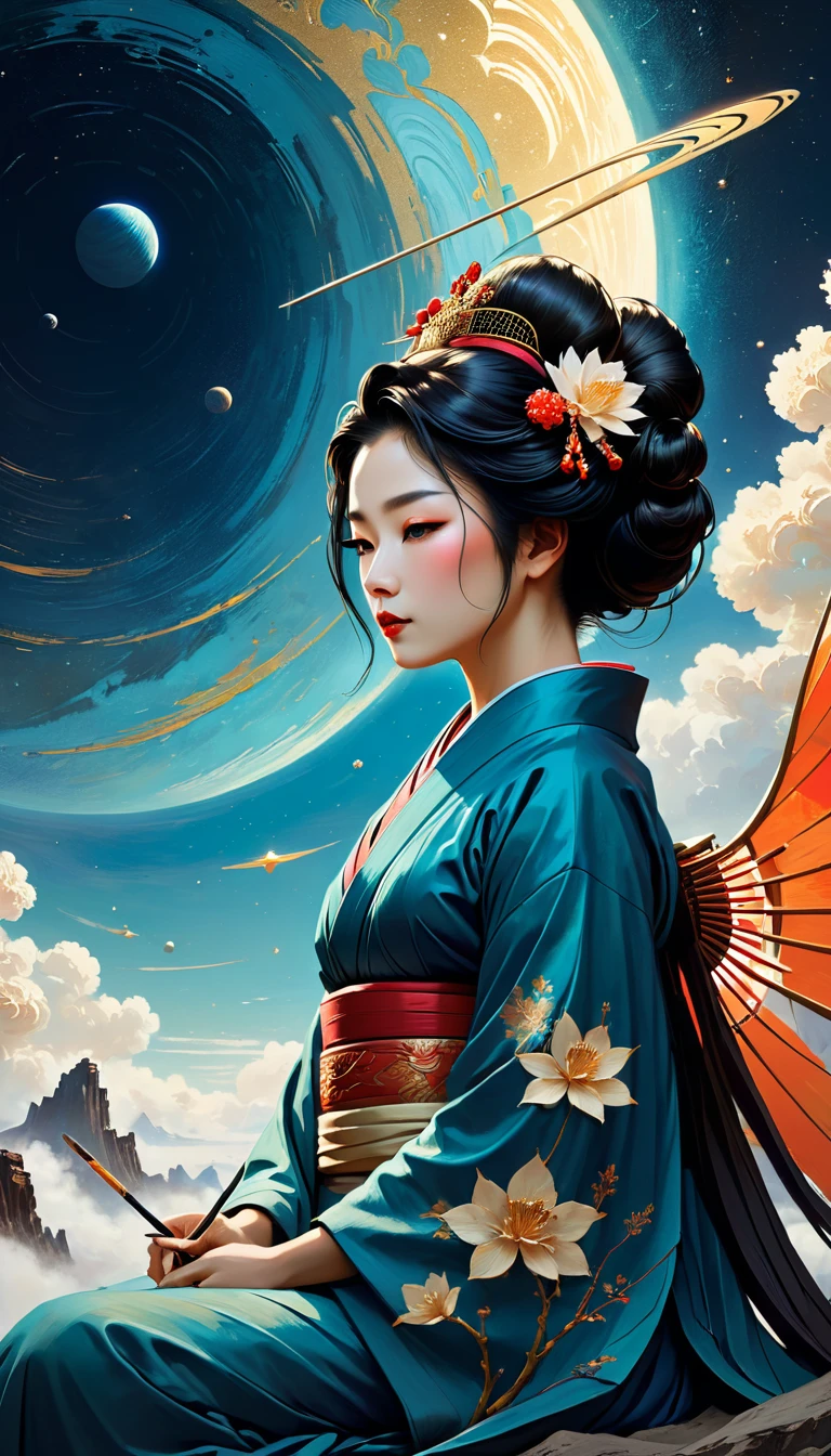 a portrait of a geisha, art by van gogh and andy kehoe, sitting on the Saturn planet, she is painting a cupid angel on the sky, very beautiful, desperate, a desolate, otherworldly landscape, universe environment, intricately detail, textured, fine-grained shading, shadow, mws, low angle, uhd 8k, sharpen more, fantastic, unreal engine, greg rutkowski, loish, rhads, beeple, makoto shinkai and lois van baarle, ilya kuvshinov, rossdraws, tom bagshaw, alphonse mucha, global illumination, detailed and intricate environment