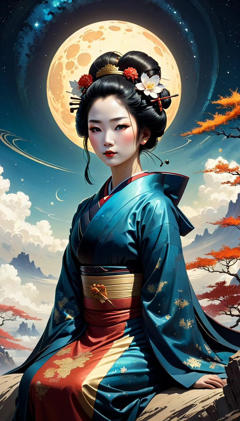 a portrait of a geisha, art by van gogh and andy kehoe, sitting on the Saturn planet, she is painting a cupid angel on the sky, very beautiful, desperate, a desolate, otherworldly landscape, universe environment, intricately detail, textured, fine-grained shading, shadow, mws, low angle, uhd 8k, sharpen more, fantastic, unreal engine, greg rutkowski, loish, rhads, beeple, makoto shinkai and lois van baarle, ilya kuvshinov, rossdraws, tom bagshaw, alphonse mucha, global illumination, detailed and intricate environment