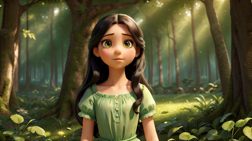 a young girl in a lush green forest, long black hair, full body, beautiful detailed eyes, beautiful detailed lips, extremely detailed face, long eyelashes, natural warm lighting, photorealistic, 8k, best quality, masterpiece, landscape, vibrant colors, sunlight filtering through the trees, magical realism, ethereal atmosphere