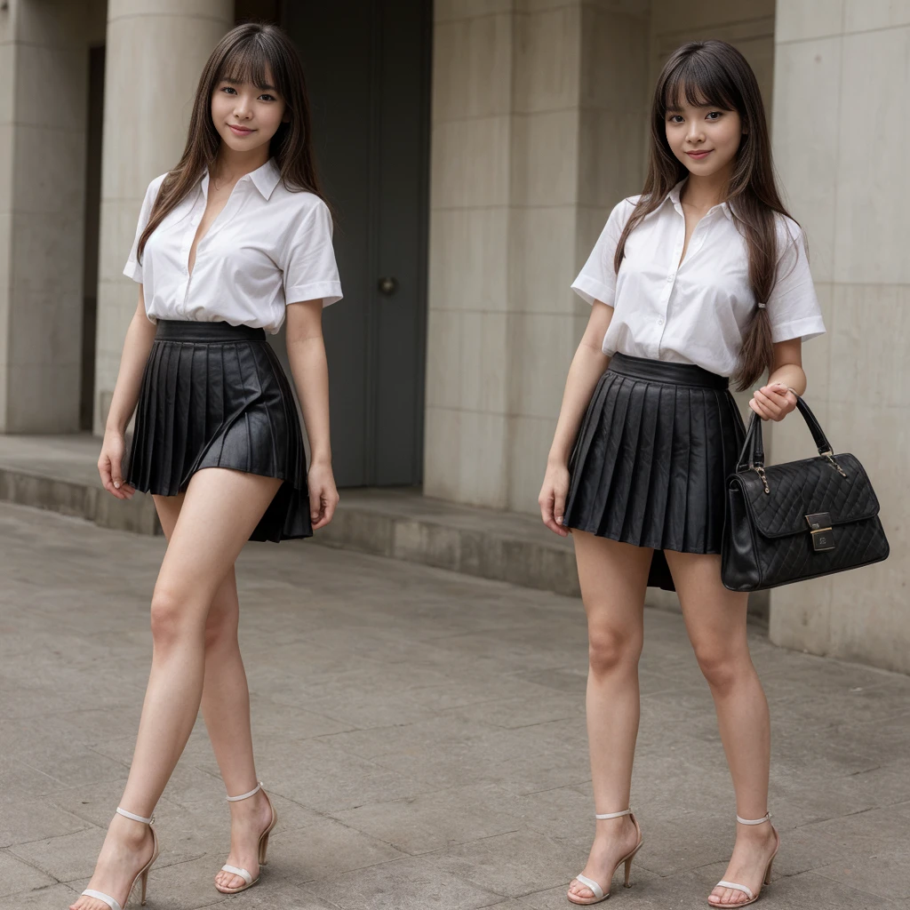 ((realistic)),(realistic shadow),((realistic skin texture)),multiple 25 years old girls. 4 girls and friends. (asian Chinese beautiful face),((Chinese sexy face)),((Chinese very sexy model)),((masterpiece)), (detailed), perfect face, small breast. nipples. open shirt. ((very sexy pose)),((sexy outfit)),((full body)),((very sexy long legs)),((beautiful legs)),((very sexy high heels)),((very hot young )),(tiny g-string),((nipple slip)),((small boob flash)),((tits slip)),(teasing pose),(horny smile),((very sexy emotional face)),((nipple slip)),small breast. ((show small tits)),((full stand models)),((very long long hair)),(looking at viewer),((carry luxury handbag)),((bangs hairstyles)),(black pleated skirt),((white shirt short sleeve)),((black pencil short skirt)),(black tight skirt),((Thai university uniform)),(random elegant pose). outdoor. upskirt. reveal panties. open legs