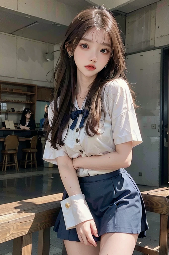 Best quality,masterpiece,ultra high res,(photorealistic:1.4),raw photo,1girl,Hairpin,earrings,jewelry,brown hair,Thigh,silk stockings,looking at viewer,lips,blue eyes,(white hair),posing,extremely beautiful face,put down hands,Random hairstyle,Random expression,big eyes,,(lshort-sleeved JK_sailor),JK_style,(dark blue JK_skirt),(bow JK_tie),(Inside the library:1.2)