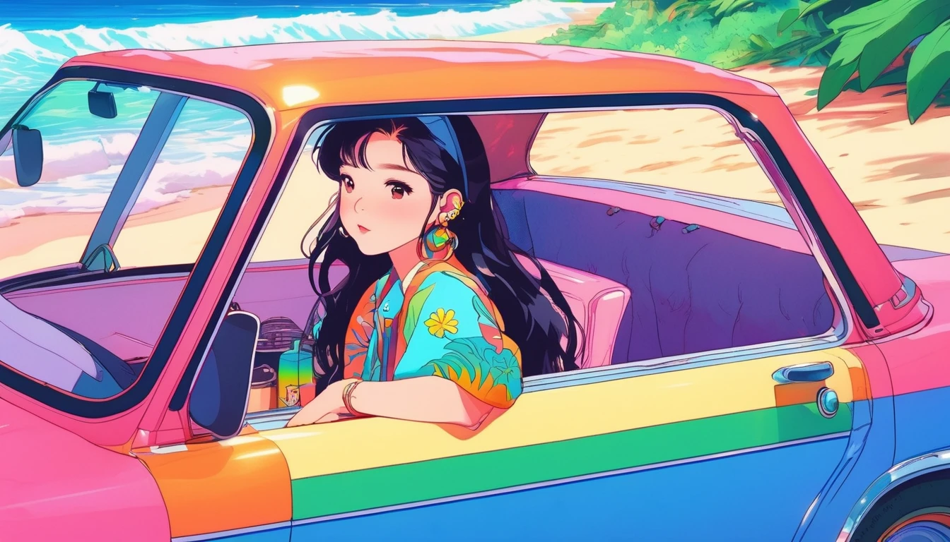 masterpiece, Highest quality, Rainbow Style, anime, Beautiful Asian Girl, K-Pop aesthetics and style, tattoo, tattoo - inspired, Sitting in a car, 80s American hippie style, Along the Hawaiian Coast, Cute and dreamy,anime,Illustrator,LOFI Girl,