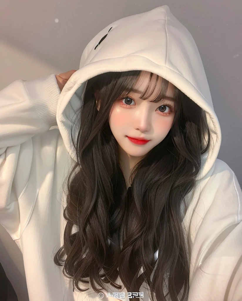 a close up of a woman with long hair wearing a white hoodie, ulzzang, girl wearing hoodie, black haired girl wearing hoodie, asian girl with long hair, korean girl, white hime cut hairstyle, pale snow white skin, ilya kuvshinov with long hair, with long hair, anime girl with long hair, with white long hair, wan adorable korean face