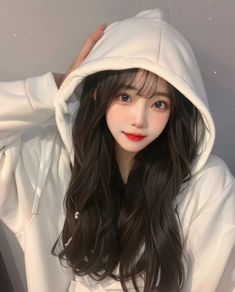 a close up of a woman with long hair wearing a white hoodie, ulzzang, girl wearing hoodie, black haired girl wearing hoodie, asian girl with long hair, korean girl, white hime cut hairstyle, pale snow white skin, ilya kuvshinov with long hair, with long hair, anime girl with long hair, with white long hair, wan adorable korean face