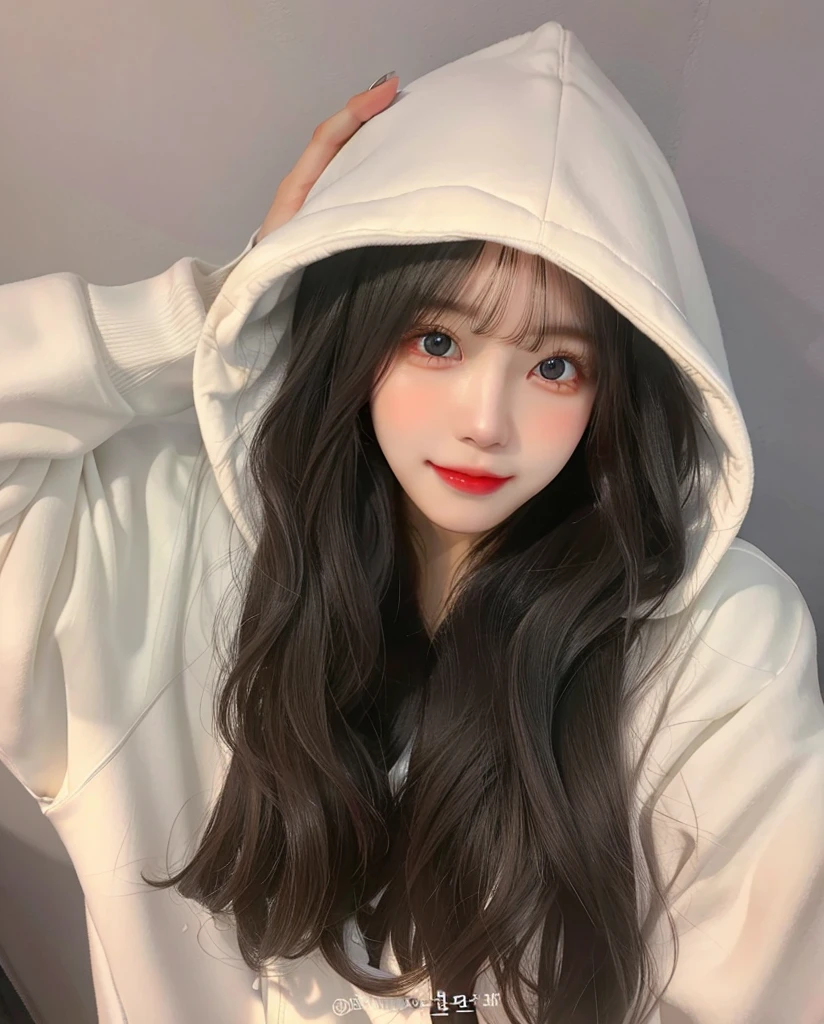 a close up of a woman with long hair wearing a white hoodie, ulzzang, girl wearing hoodie, black haired girl wearing hoodie, asian girl with long hair, korean girl, white hime cut hairstyle, pale snow white skin, ilya kuvshinov with long hair, with long hair, anime girl with long hair, with white long hair, wan adorable korean face