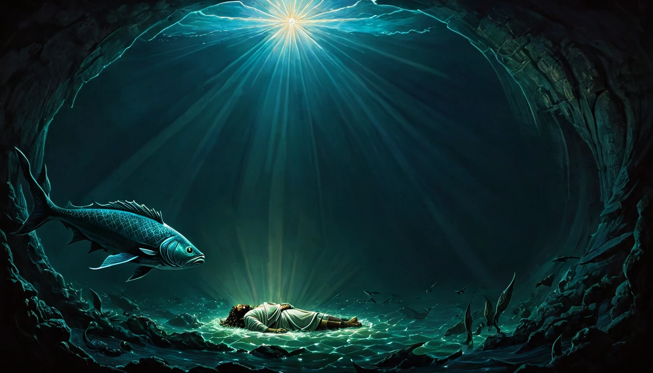 A dual-scene visual that splits between Jonah’s entrapment inside the demonic fish and the aftermath of Jesus’ crucifixion, creating a symbolic link.
Subject: On the left, Jonah is depicted in the belly of the sinister fish, surrounded by darkness and glowing, evil elements. On the right, Jesus is depicted in a tomb, with the stone rolled away and a faint, divine light emanating from within. A visual connection, like a spectral line or glow, should link the two scenes to symbolize the comparison Jesus made.
Atmosphere: Symbolic and reflective, with a balanced use of darkness and light to highlight the parallel between Jonah’s and Jesus’ experiences, suggesting deeper spiritual implications.
