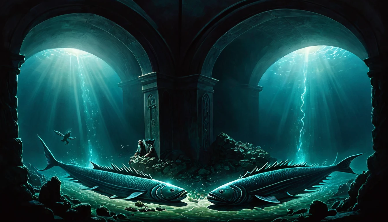 A dual-scene visual that splits between Jonah’s entrapment inside the demonic fish and the aftermath of Jesus’ crucifixion, creating a symbolic link.
Subject: On the left, Jonah is depicted in the belly of the sinister fish, surrounded by darkness and glowing, evil elements. On the right, Jesus is depicted in a tomb, with the stone rolled away and a faint, divine light emanating from within. A visual connection, like a spectral line or glow, should link the two scenes to symbolize the comparison Jesus made.
Atmosphere: Symbolic and reflective, with a balanced use of darkness and light to highlight the parallel between Jonah’s and Jesus’ experiences, suggesting deeper spiritual implications.
