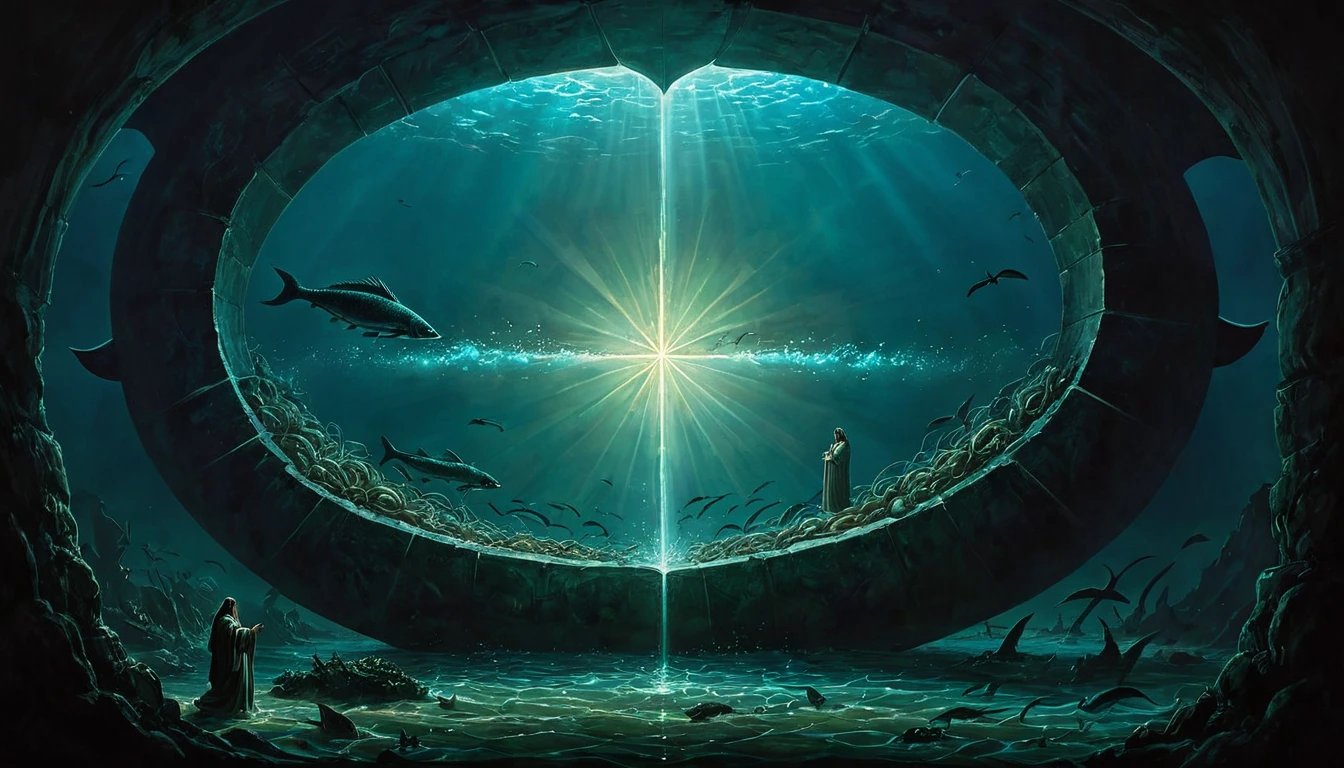 A dual-scene visual that splits between Jonah’s entrapment inside the demonic fish and the aftermath of Jesus’ crucifixion, creating a symbolic link.
Subject: On the left, Jonah is depicted in the belly of the sinister fish, surrounded by darkness and glowing, evil elements. On the right, Jesus is depicted in a tomb, with the stone rolled away and a faint, divine light emanating from within. A visual connection, like a spectral line or glow, should link the two scenes to symbolize the comparison Jesus made.
Atmosphere: Symbolic and reflective, with a balanced use of darkness and light to highlight the parallel between Jonah’s and Jesus’ experiences, suggesting deeper spiritual implications.
