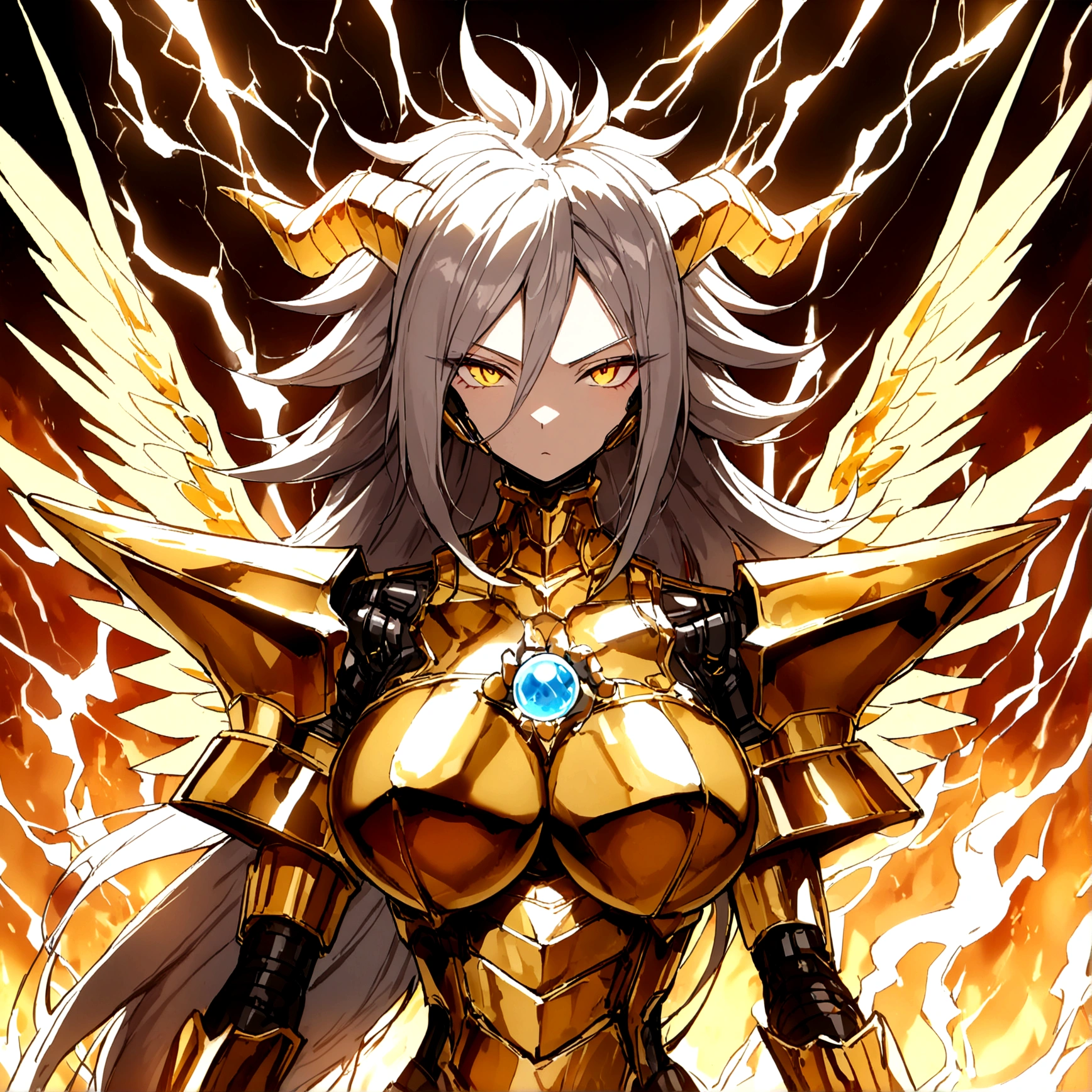 ((((Rasengan)))), ((Lightning Power)), ((Electricity)), ((Fire Background)), ((Lightning Storm)), ((Power Erupting)), ((((android 21)))), (((Evil Power))), (((white Coat))), (((Busty))), (((((Big breast:1,3)))), luxury bustier corset, (((silver hair))), (((Very slim waist))), propotional body, ((Gorgeous)), (((Fire Blazing Horns))), ((((gold wings))), masterpiece, hyperdetail, ambient effect, digital effect, (((Fire Gold Armor))), (((Lightning Gold Wings)))