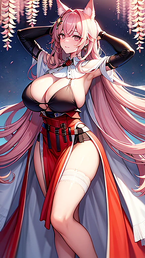masterpiece, Highest quality:1.2),8K, 4K High Resolution, Super detailed, High-quality texture,High detail, High Quality Shadows, Beautiful and delicate face down to the last detail, Beautiful and delicate eyes、One Woman, alone、Very large breasts、Very large breasts、Very thick legs that make the chest very large、Are standing、Composition from the front、Look forward、Stand up straight,Looking into the camera、Draw a face、Depth of written boundary、smile、Show your armpits、Armpits Hands behind head