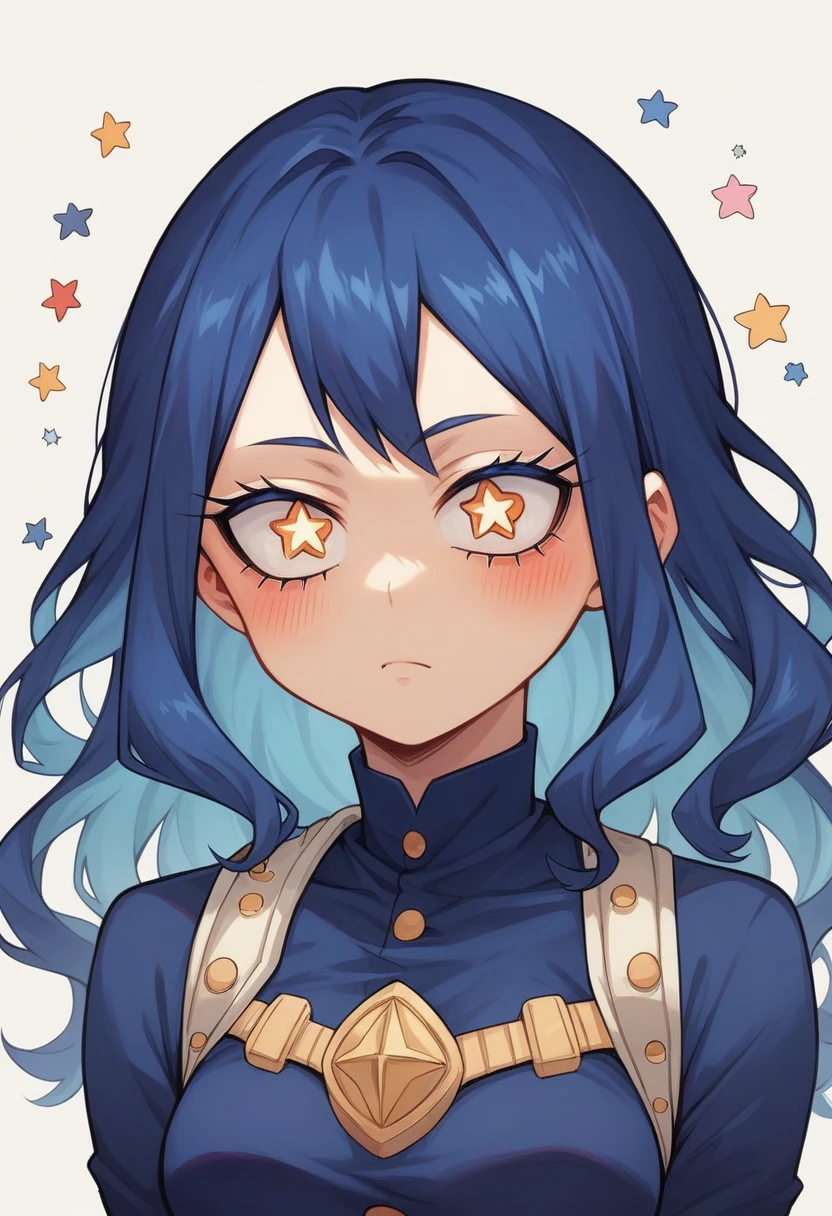 Excelinte calidad, Masterpiece, High Resolutiin, 1 girl, blush, (sonrisa incantandora: 0.8), Star Eyes, japanese hanfu, Hair Accessories, jewelry, beauty, in_body, my hero academia style, long wavy dark blue hair with purple highlights, serious and seductive look with slanted eyes and long eyelashes