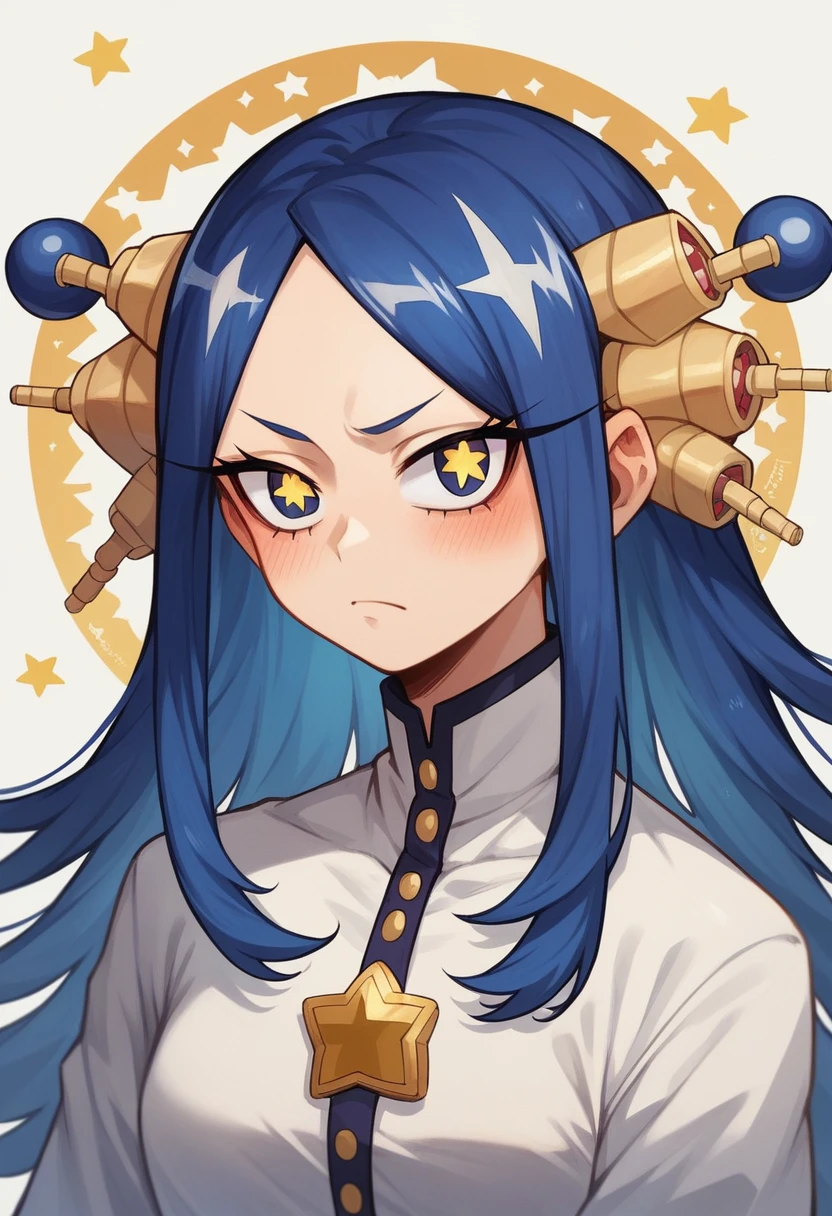 Excelinte calidad, Masterpiece, High Resolutiin, 1 girl, blush, (sonrisa incantandora: 0.8), Star Eyes, japanese hanfu, Hair Accessories, jewelry, beauty, in_body, my hero academia style, long wavy dark blue hair with purple highlights, serious and seductive look with slanted eyes and long eyelashes