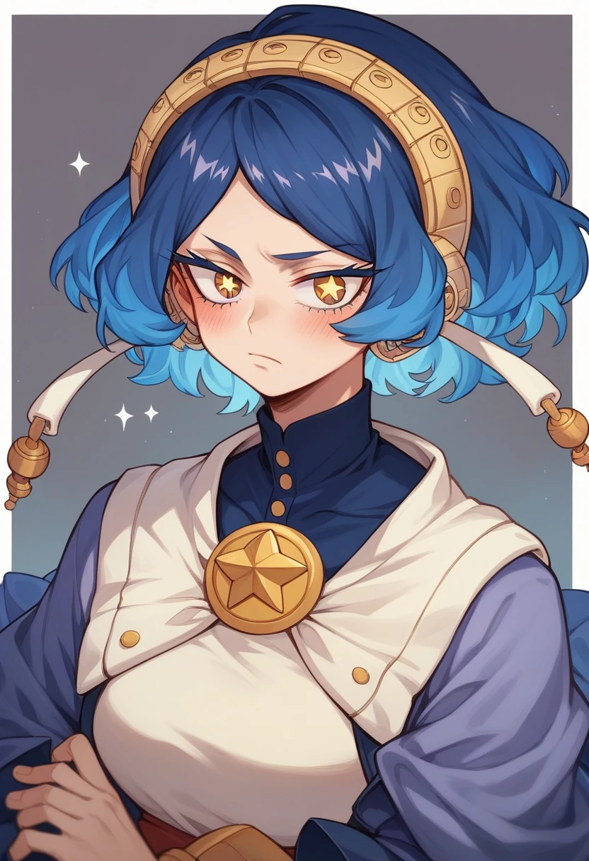 Excelinte calidad, Masterpiece, High Resolutiin, 1 girl, blush, (sonrisa incantandora: 0.8), Star Eyes, japanese hanfu, Hair Accessories, jewelry, beauty, in_body, my hero academia style, long wavy dark blue hair with purple highlights, serious and seductive look with slanted eyes and long eyelashes