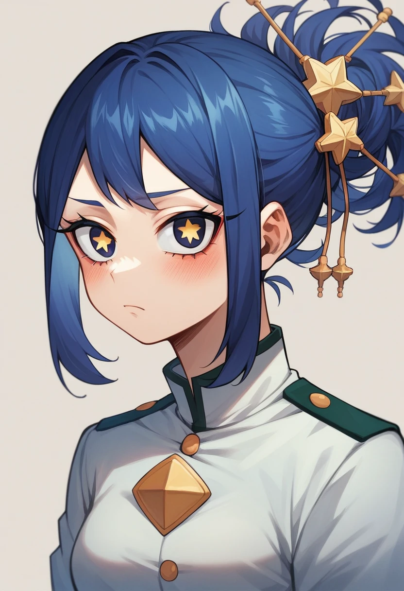 Excelinte calidad, Masterpiece, High Resolutiin, 1 girl, blush, (sonrisa incantandora: 0.8), Star Eyes, japanese hanfu, Hair Accessories, jewelry, beauty, in_body, my hero academia style, long wavy dark blue hair with purple highlights, serious and seductive look with slanted eyes and long eyelashes