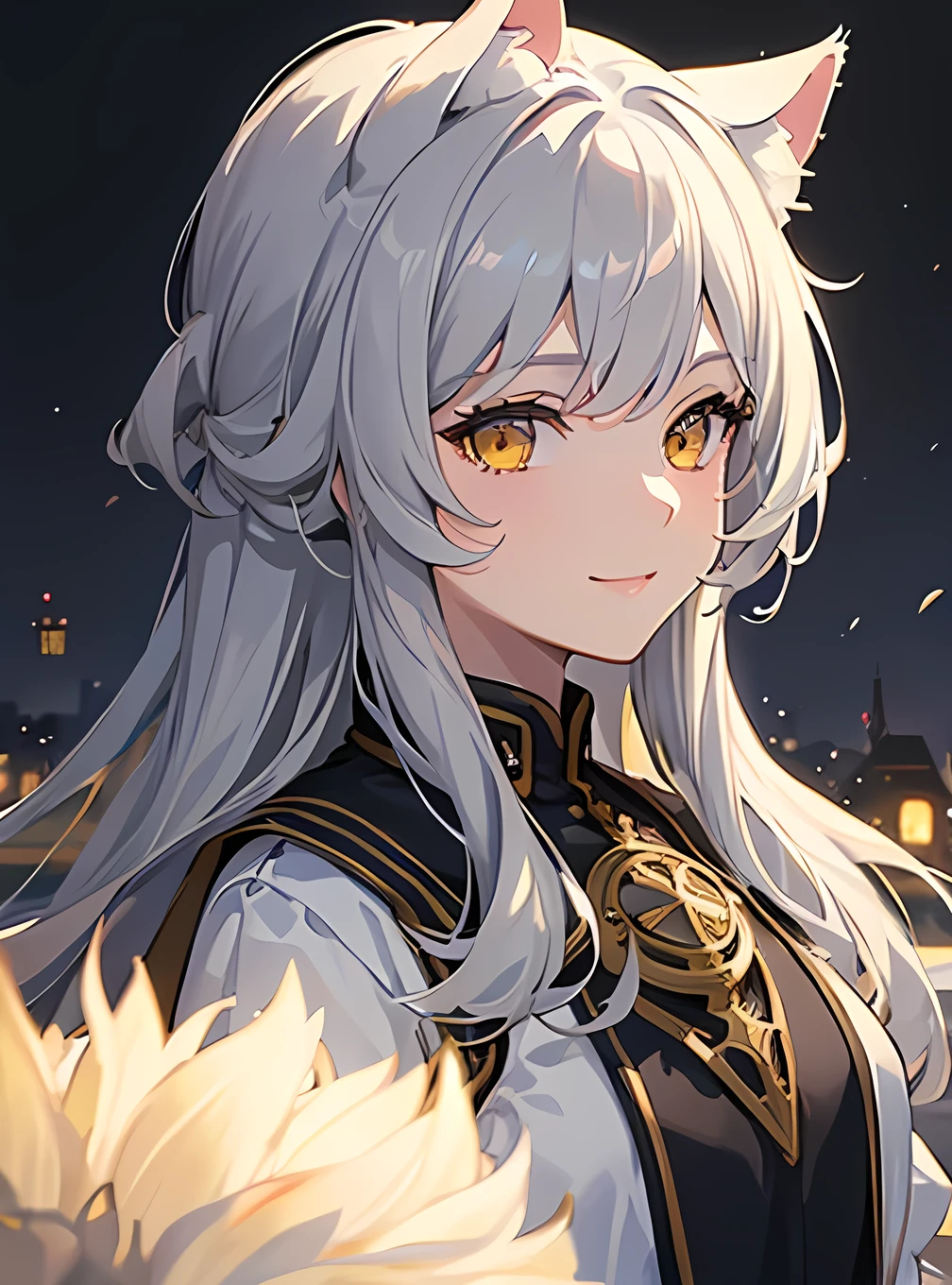 ((masterpiece)), ((best quality)), (close-up:1), (half-body shot:1.36), perfect anatomy, 1girl, solo, cat girl, gay hair, yellow eyes, gray cat ears, gray fluffy cat tail, medieval attire, smiling, lighting from front, looking at viewers