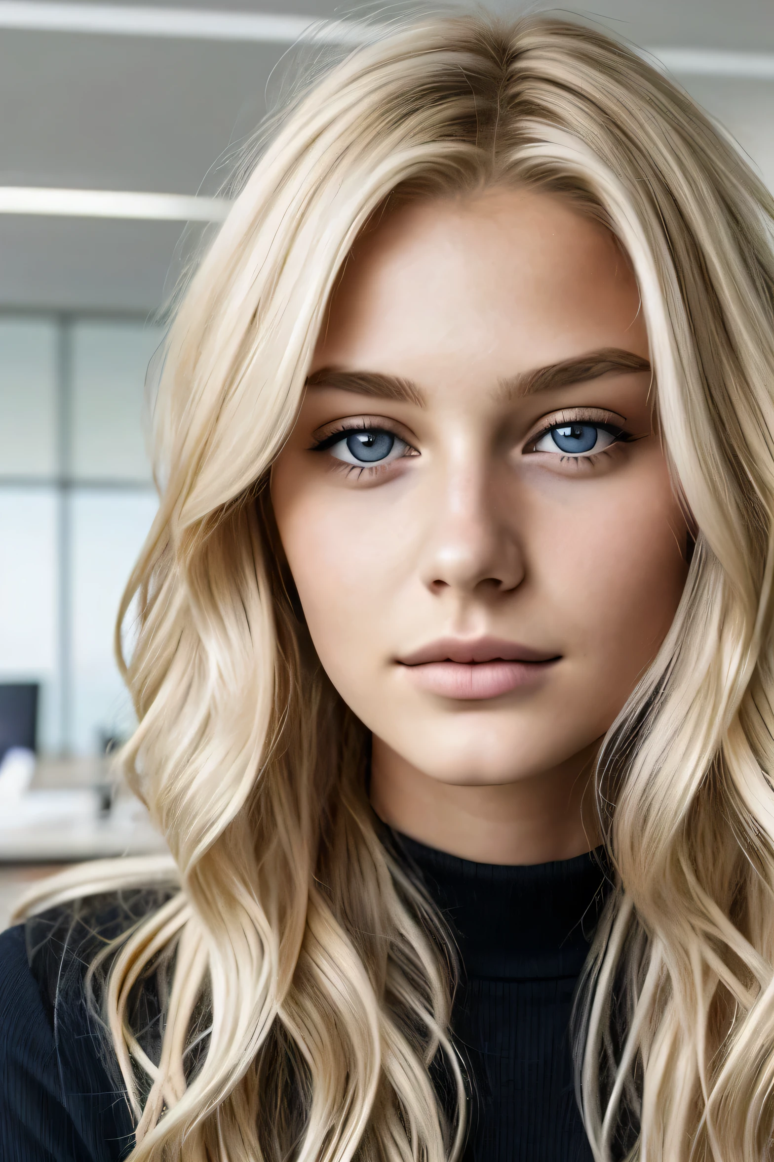 1girl in, age19, Allein, lange Haare, Kolossal , Betrachter betrachten, wavy hair, blondes Haar,  realistisch, gesichtsportrait, only face shot, perfect face, perfect lips, in a office 