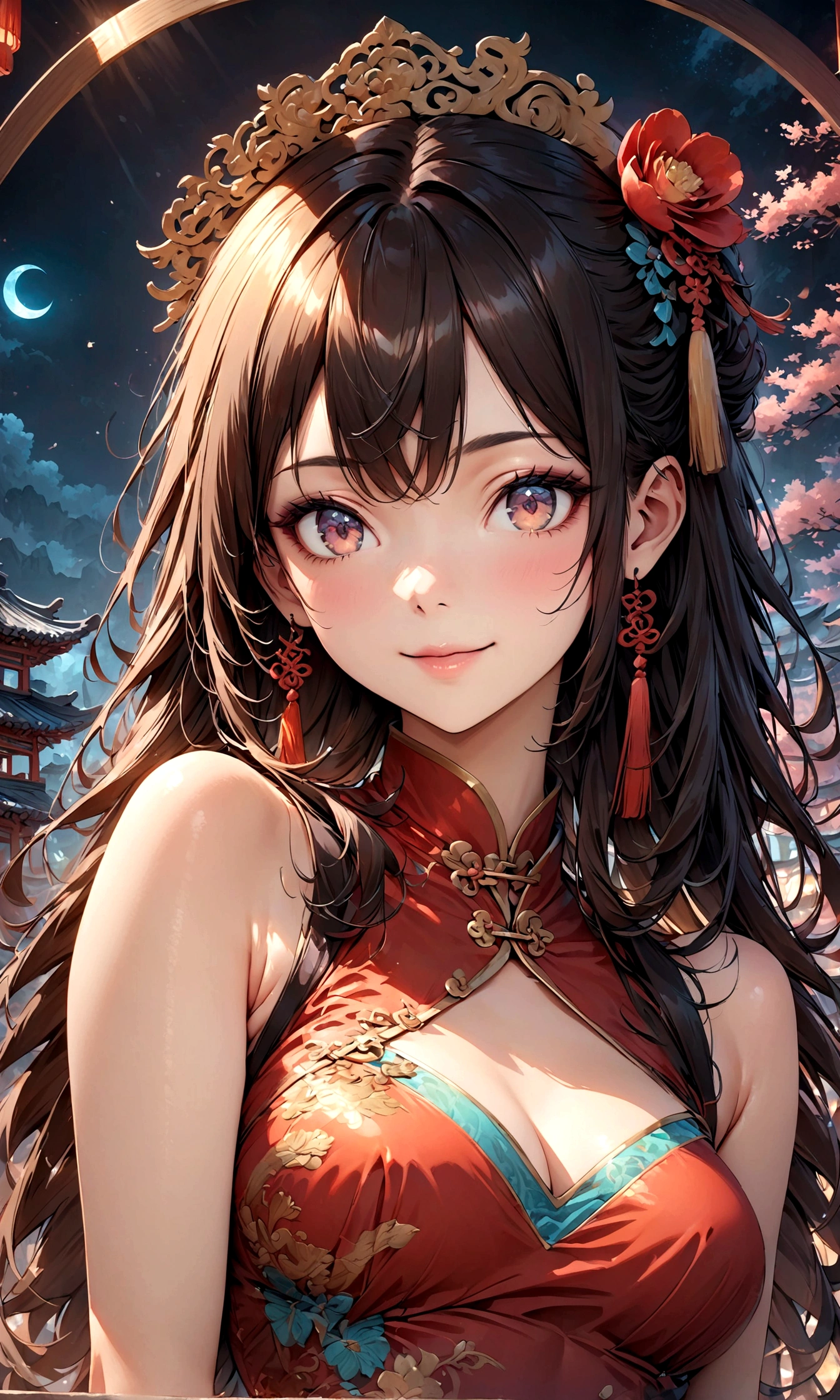 A fantastic view of Chinatown,赤い提灯の温かいLight,Modern and historic,Fantastic and dreamy landscape,Light,風景の中にChina dressの女性が1人います,She is charming and beautiful、まるで上海のnightを象徴するかのようです,Realistic skin texture,dewy skin,BREAK,豪華な刺繍が施されたChina dress,A masterpiece created by designers,The best configuration,Light and Dark,BREAK,,(masterpiece:1.3),(highest quality:1.4),(ultra detailed:1.5),High resolution,extremely detailed,unity 8k wallpaper,Intricate details,Wide range of colors,artwork,rendering,(masterpiece:1.3),(highest quality:1.4),(Super detailed:1.5),High resolution,Very detailed,unity 8k wallpaper,Draw artistic background,Chinese style,Traditional,Absurd beauty,Zentangle,幻想的で美しいnightのチャイナタウン,night,美しいLightと影,Sparkling,Anatomically correct,Structurally correct,Use gold leaf,China dress,gel lip,eyelash,Charming smile,Portrait Shot,Perfect proportions,Perfect Face,Half Asian and half Caucasian,clear skin,Beauty