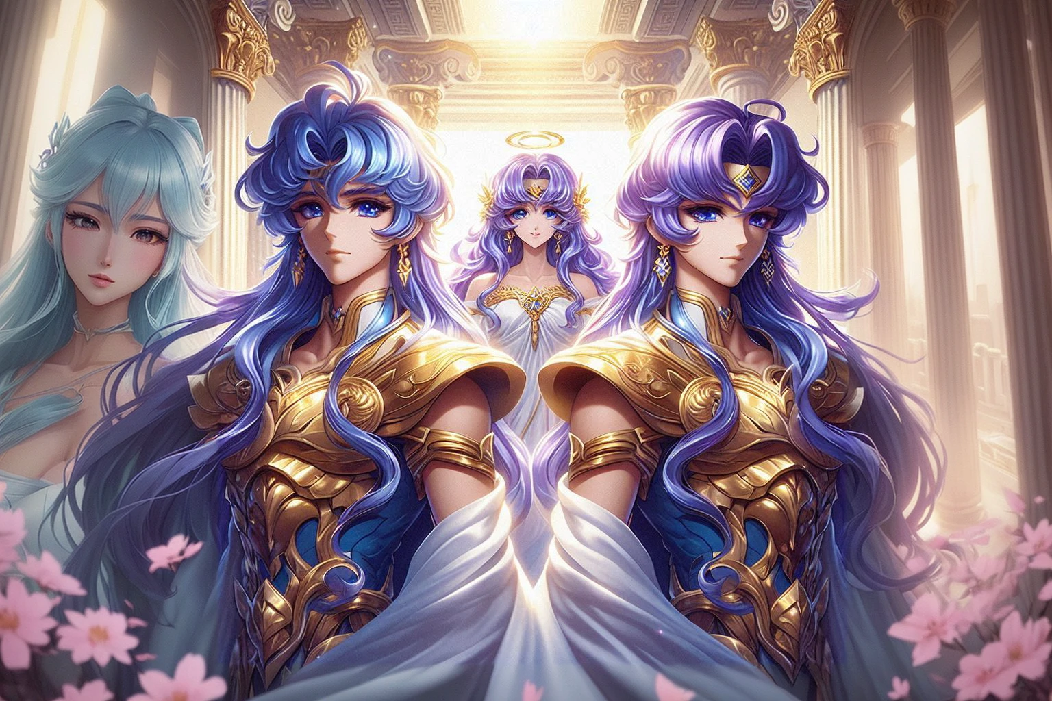 dreamy and beautiful JAPANESE ANIME style, Exquisite facial features and faces, ultra-high quality, ultra-delicate, ultra-delicate BACKGROUND, Very exquisite, very high quality, 32k, dreamy and beautiful Japanese animation "Saint Seiya" style. The background is （（（inside a Greek temple.）））