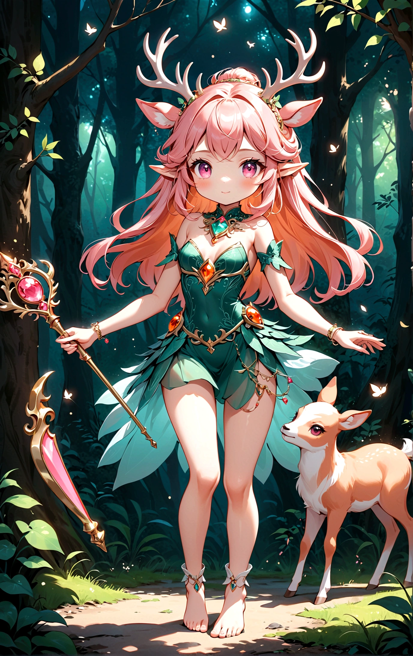 game character，Cartoon anime style，beautiful girl，Cute expression，Fluffy pink hair，Pink Eyes，Cute pink deer antlers，Elf ears，Orange tulle short skirt，Metal gem-encrusted scepter glows，Slender legs，Standing barefoot，Foot ring。(((Correct human anatomy)))，In the magic forest，A cute white deer