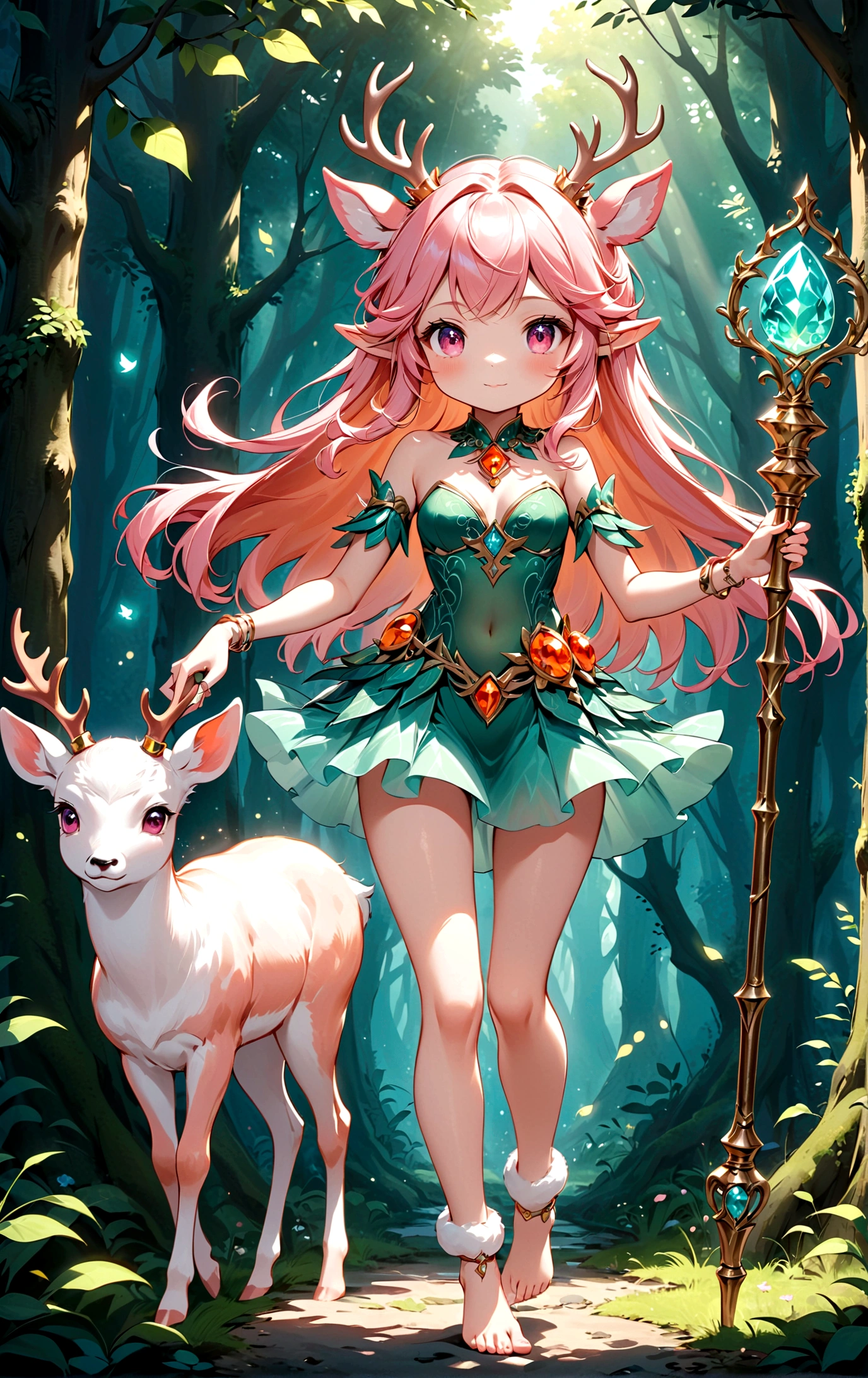 game character，Cartoon anime style，beautiful girl，Cute expression，Fluffy pink hair，Pink Eyes，Cute pink deer antlers，Elf ears，Orange tulle short skirt，Metal gem-encrusted scepter glows，Slender legs，Standing barefoot，Foot ring。(((Correct human anatomy)))，In the magic forest，A cute white deer