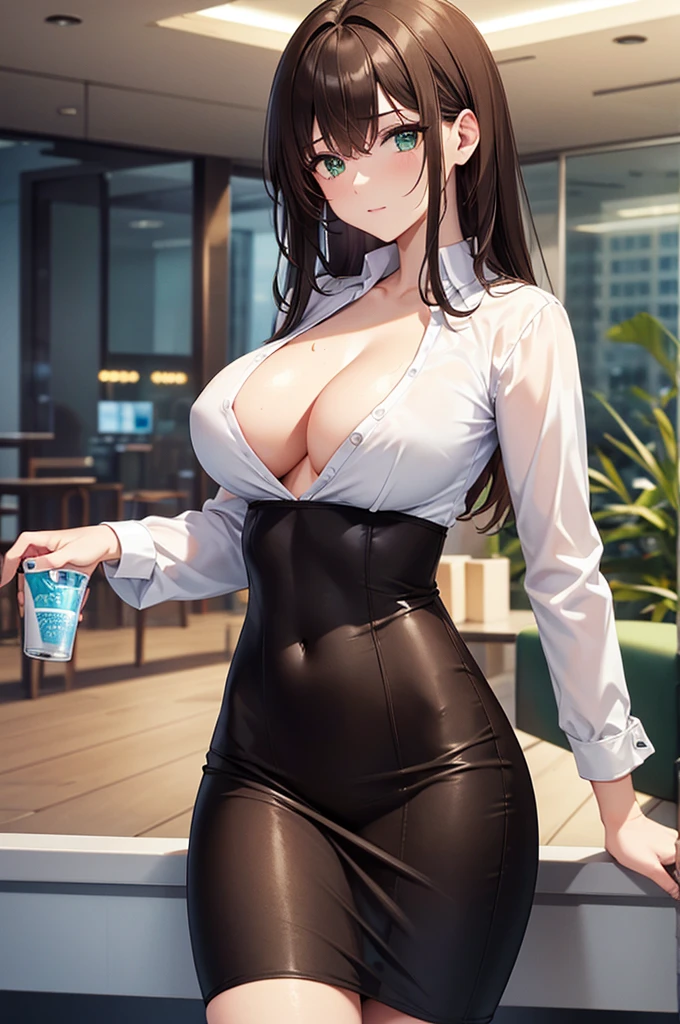 Green Eyes、((Highest quality, 8K, masterpiece :1.3)), whole body, Sharp focus :1.2, Beautiful woman with perfect figure :1.4, Slim Abs :1.2, ((Dark brown hair, Big Breasts :1.2)), Body Dress :1.1, (Night city view, Modern balcony :1.1), Highly detailed face and skin texture, Fine grain, double eyelid,, OL Uniform, office Wear, White T-shirt, Exposed cleavage, Indoor scene, office、whole body