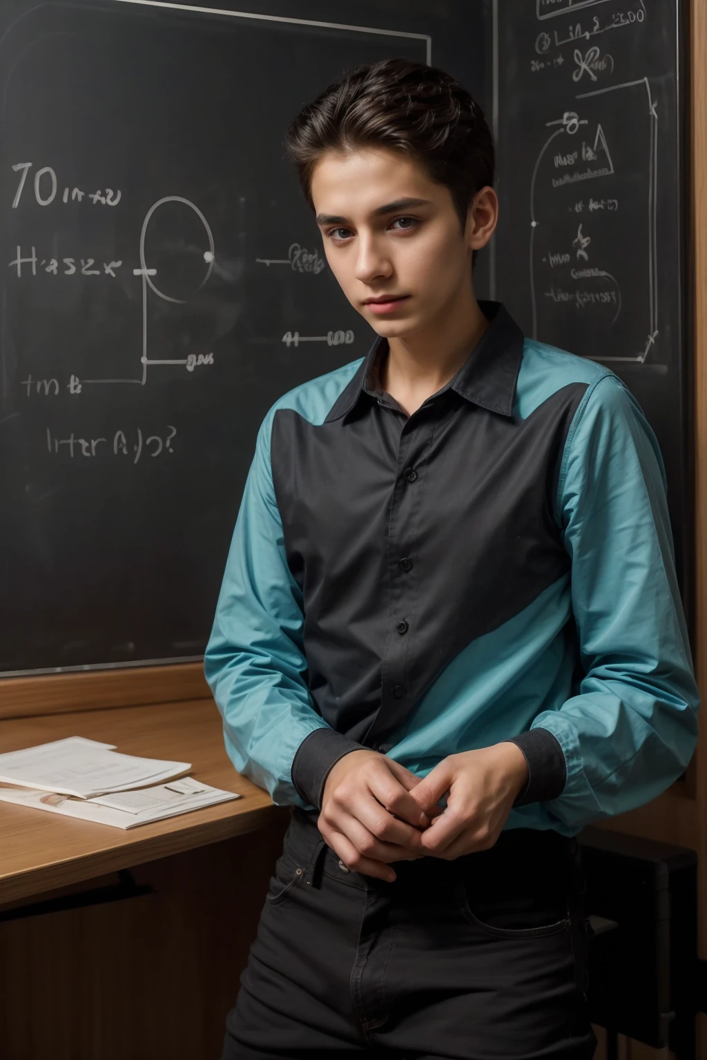 A beautiful young twink, cute male, with black hair and a face with makeup. He is wearing a long-sleeved aquamarine shirt and black jeans. He is in his luxurious scientific office, and behind him is a blackboard with neurons and calculus written on it, and his eyes have dark circles under them while he is in his office.  He studies medicine and chemistry with passion