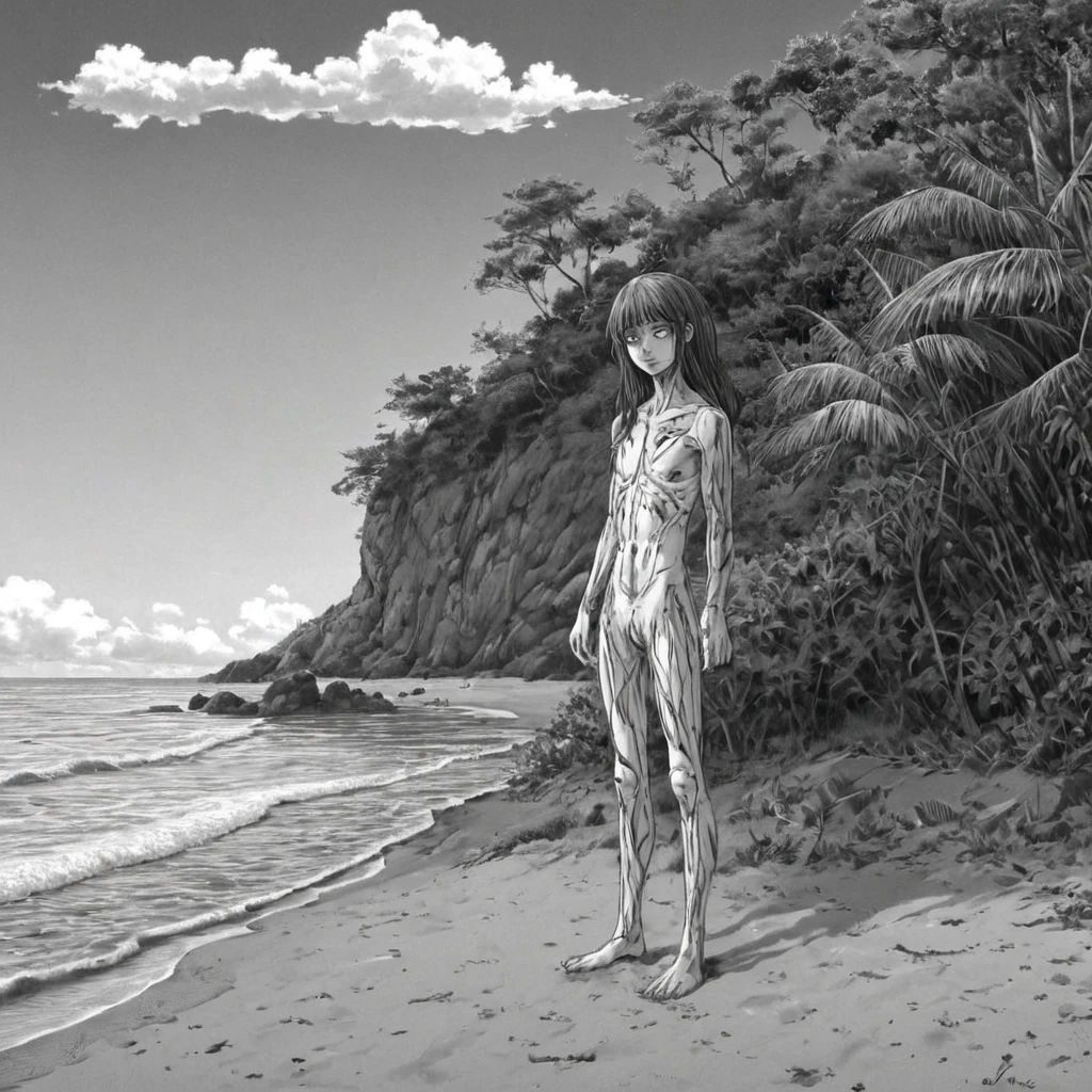 desert island, beach, (anime), bizarre scenario, This is Junji, Yusuke Murata, black and white, 8K, anime, horror