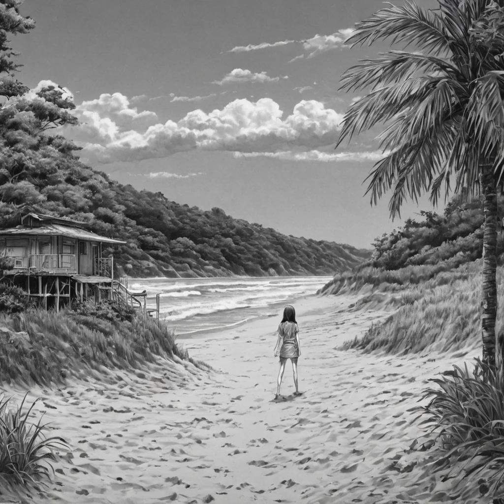 desert island, beach, (anime), bizarre scenario, This is Junji, Yusuke Murata, black and white, 8K, anime, horror