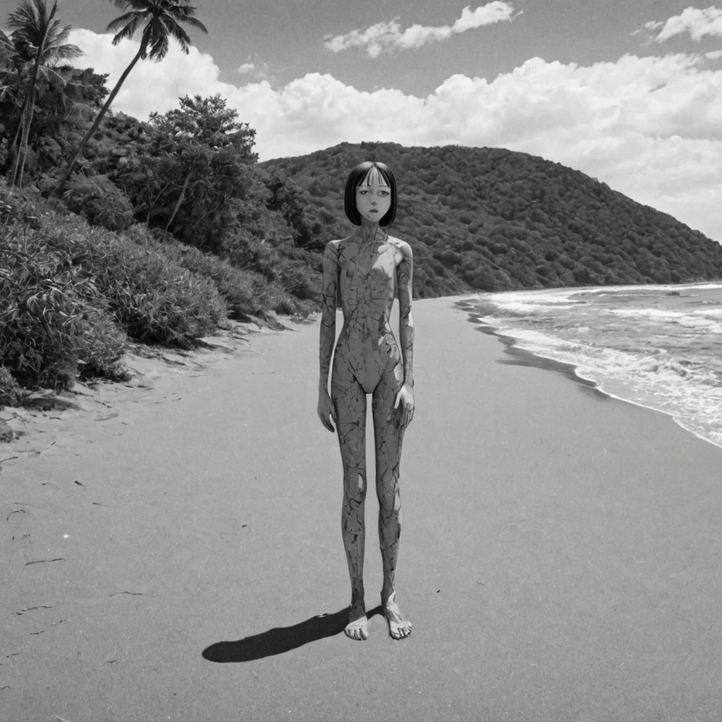 desert island, beach, (anime), bizarre scenario, This is Junji, Yusuke Murata, black and white, 8K, anime, horror