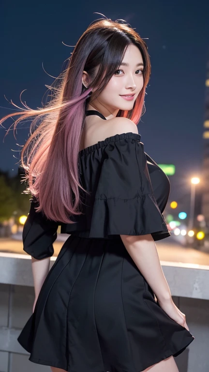 ((Back view)),((Look back here)),((Highest quality)),((最high resolution)),((high resolution)),((detailed)),((High definition)),((8K)),((Perfect body)),((Perfect Face)),((Realistic)),((Real)),((Realistic)),((Beauty)),Wharf、Outdoor、night、City、night景、Black Hair、((Only the tips of the hair are pink))、Straight long hair、Very dense makeup、((Black clothes:1.2))、Black ruffled off-shoulder top、((Slanted Eyes))、White Skirt、Hair blowing in the wind、(big breasts:1.1)、smile